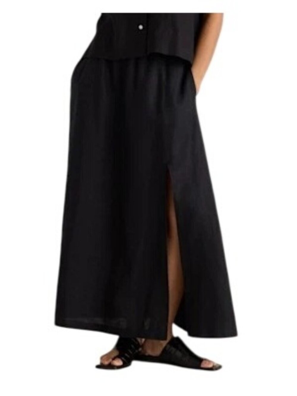 Quince 100% European Linen Black Maxi Skirt Sz Medium Elastic Waist Pockets NEW